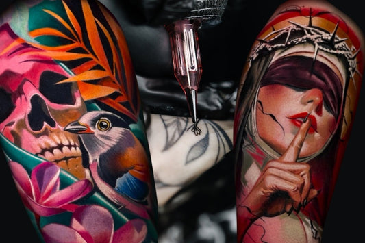 colorful tattoos, skull with bird and a nun with covered eyes