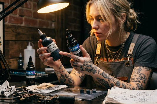  Female tattoo artist compares tattoo inks from different manufacturers.