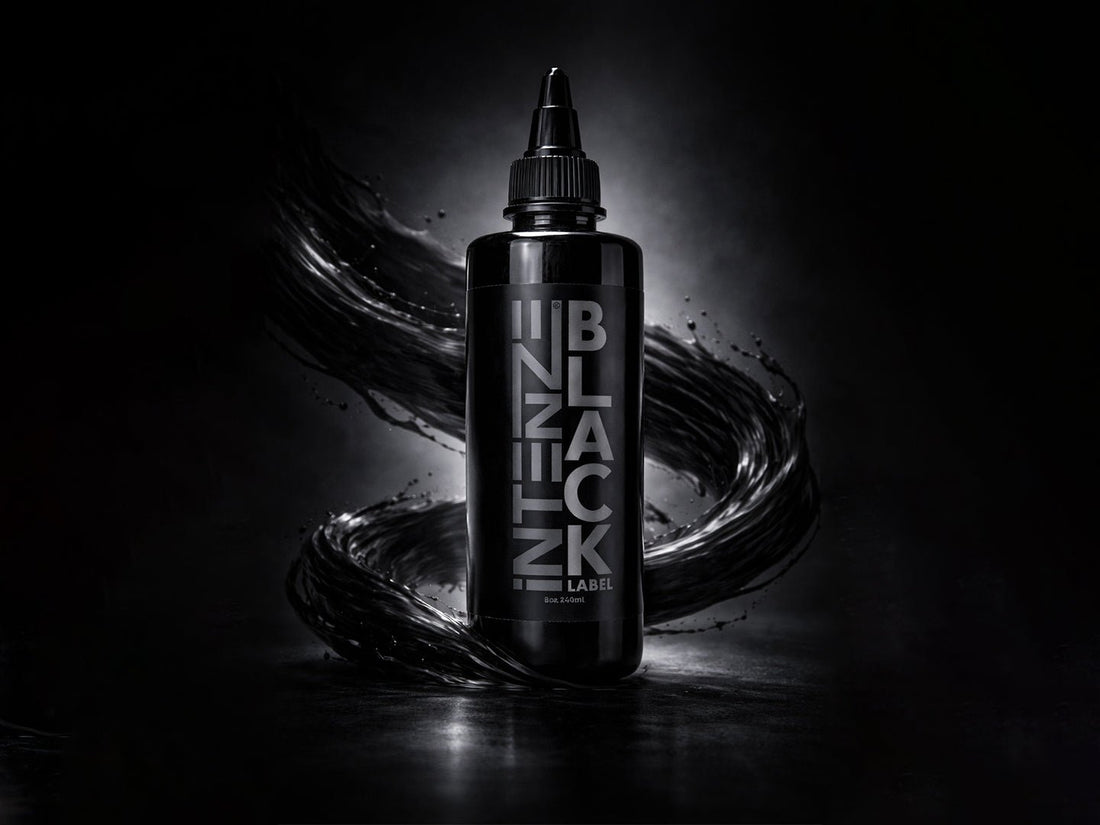 Intenze Black Label universal black tattoo ink — REACH-compliant, for lining, shading, and black work