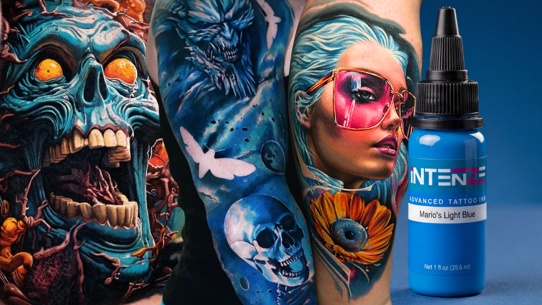 Blue tattoo ink by INTENZE — Mario's Blue and Persian Blue for depth, water, and cool shadow