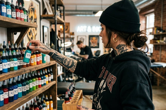 female tattoo artist in a tattoo supply shop.
