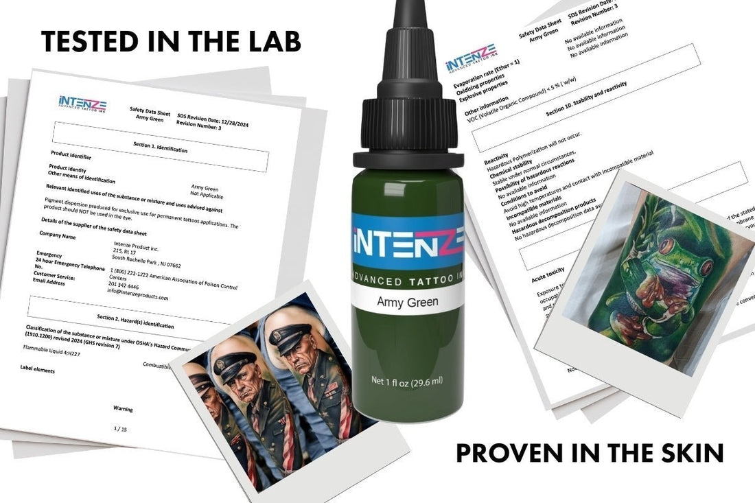 a bottle of intenze army green in the front and certificates in the background.