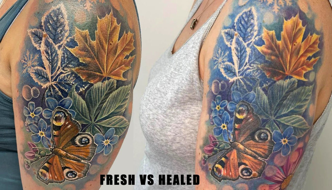 fresh versus healed tattoo, shows colorful nature tattoo