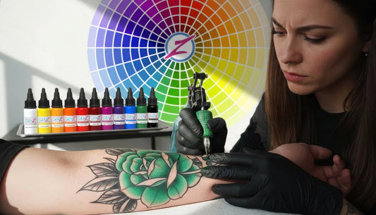 Tattoo Artist tattooing a colorful flower on clients arm