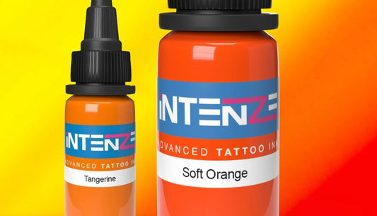 two Intenze tattoo ink bottles filled with the colors tangerine and soft orange