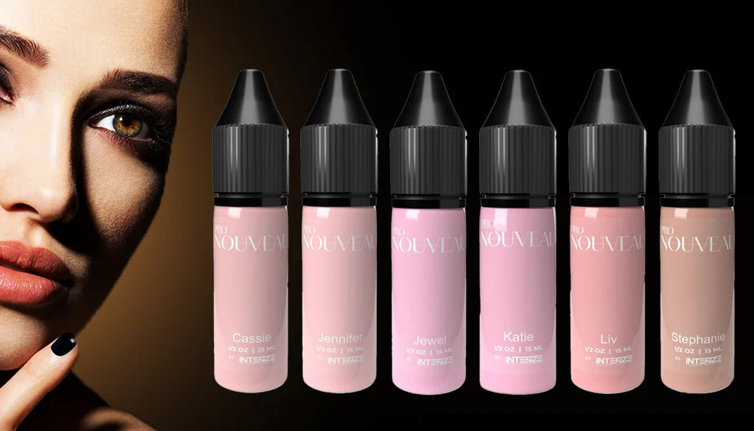 Model with perfect skin tone and six Pro Nouveau permanent ink bottles
