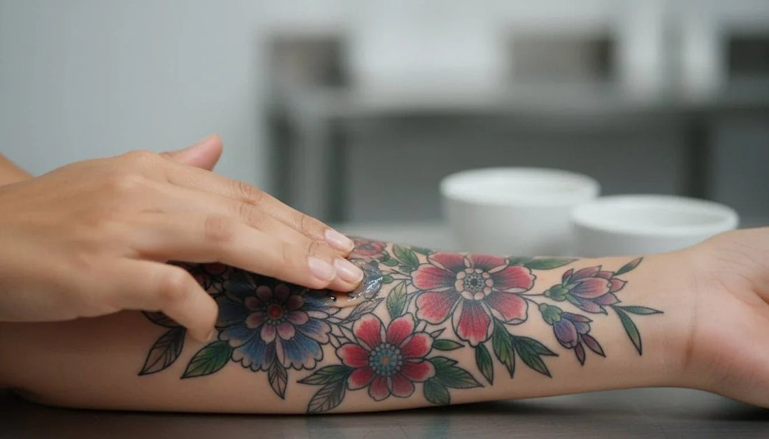 A relatively fresh tattoo is being treated with a cream.