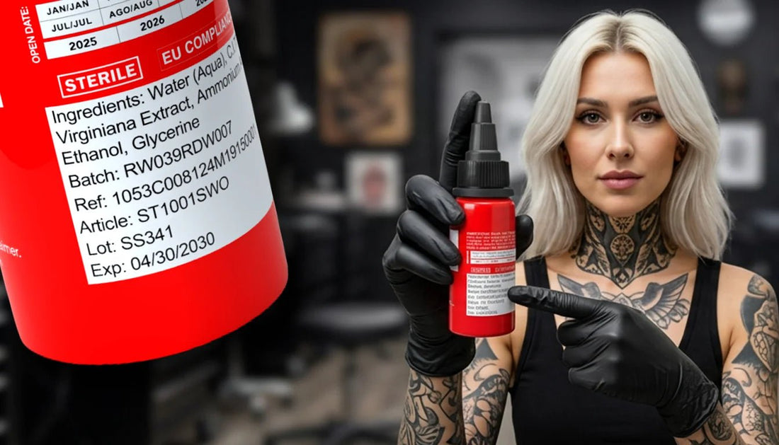 The tattoo artist shows us the expiration date on the tattoo ink bottle.