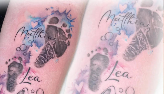 Tattoo watercolor design with footprints and lettering.