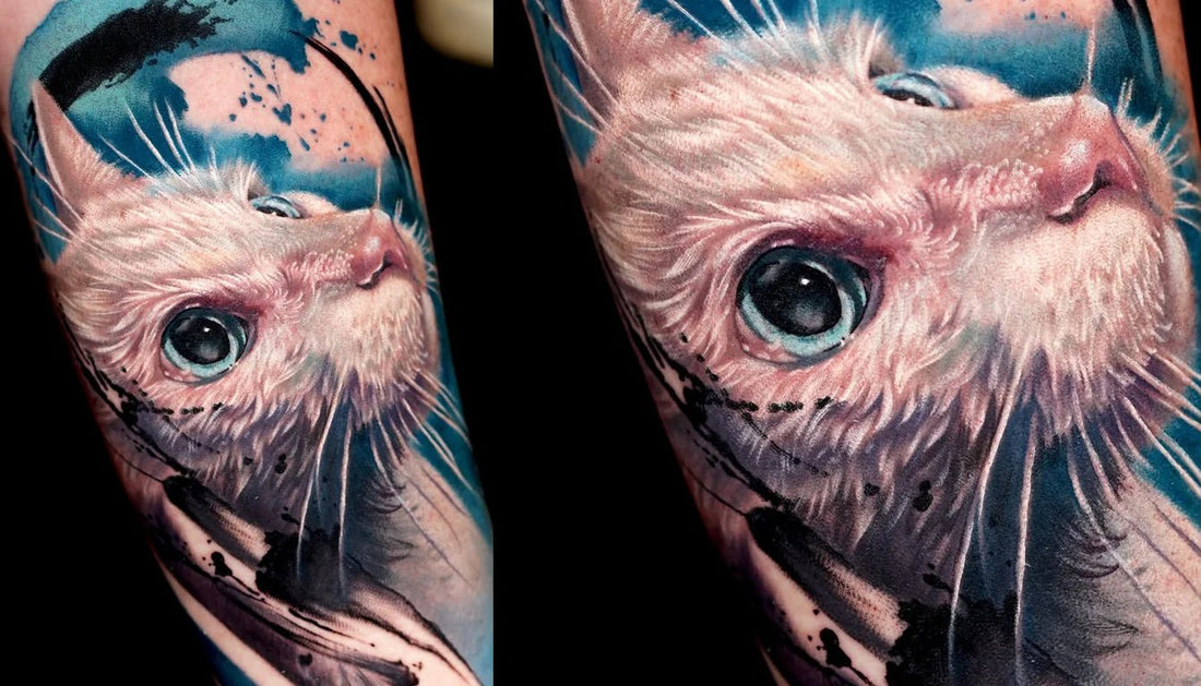cat motive, tattooed also with white tattoo ink