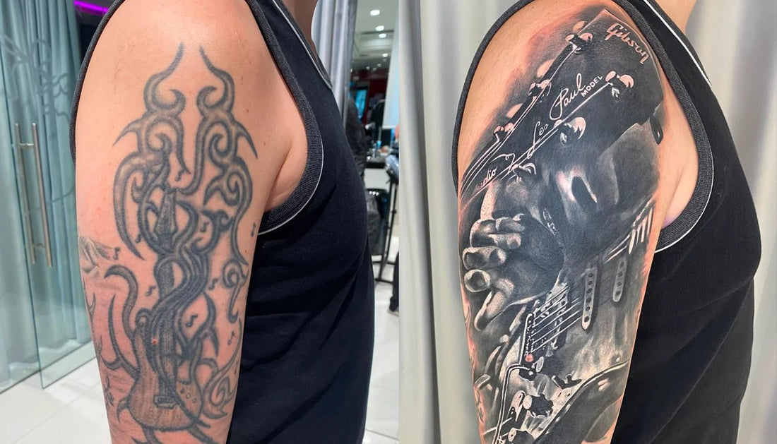 Upper arm tattoo, cover-up of a black design with black and white ink