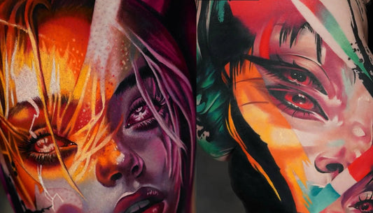 2 faces tattooed using different styles and different yellow tattoo inks