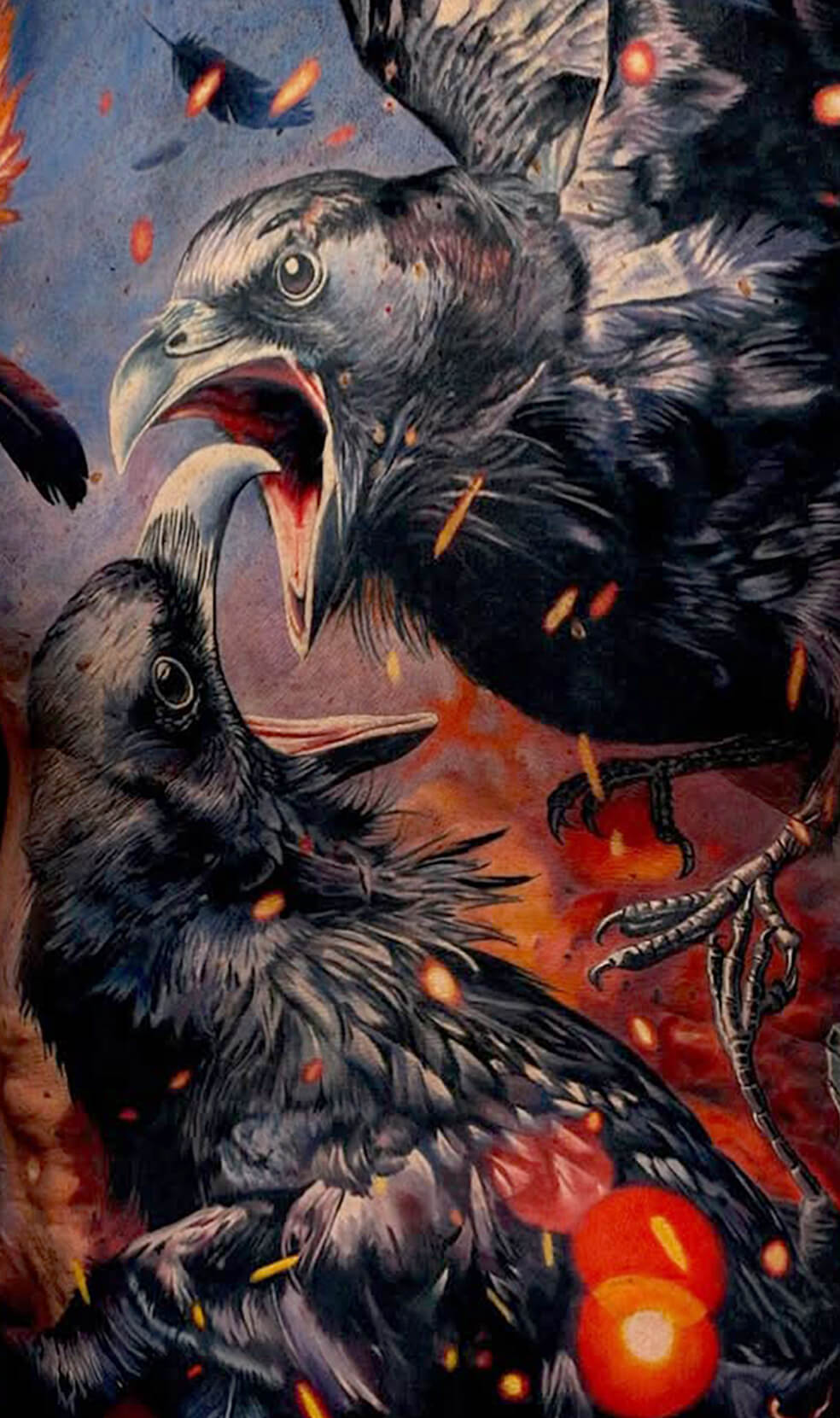 Two crows with open mouths against a fiery background
