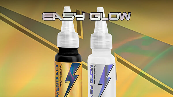 Two bottles of 'Easy Glow' products on a colorful geometric background