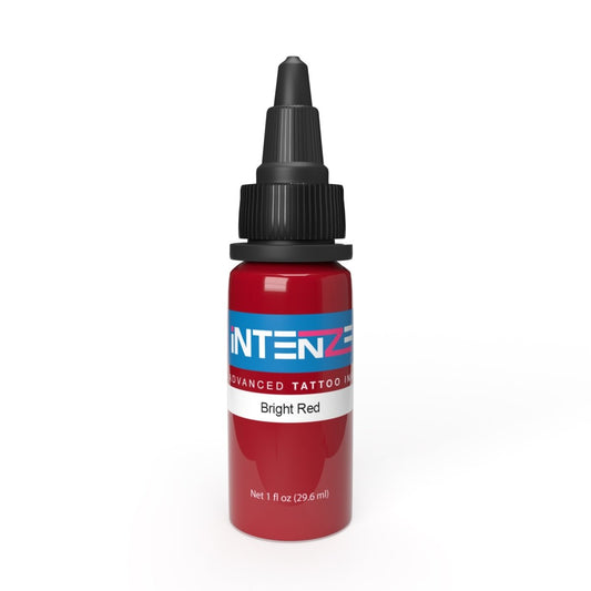 A bottle of Bright Red tattoo ink with a label displaying the brand name INTENZE.